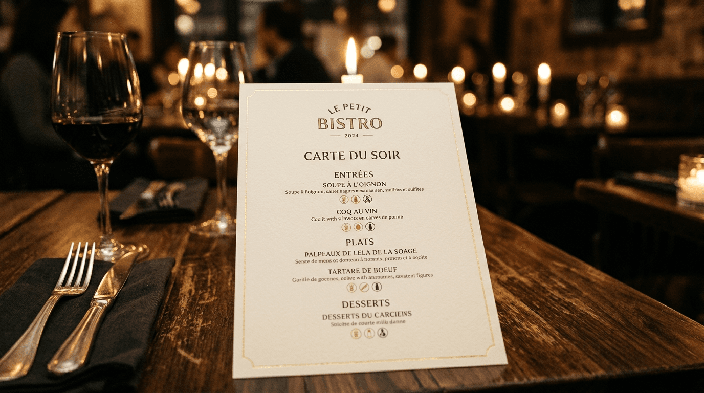 Restaurant menu with allergen pictograms on an elegant table