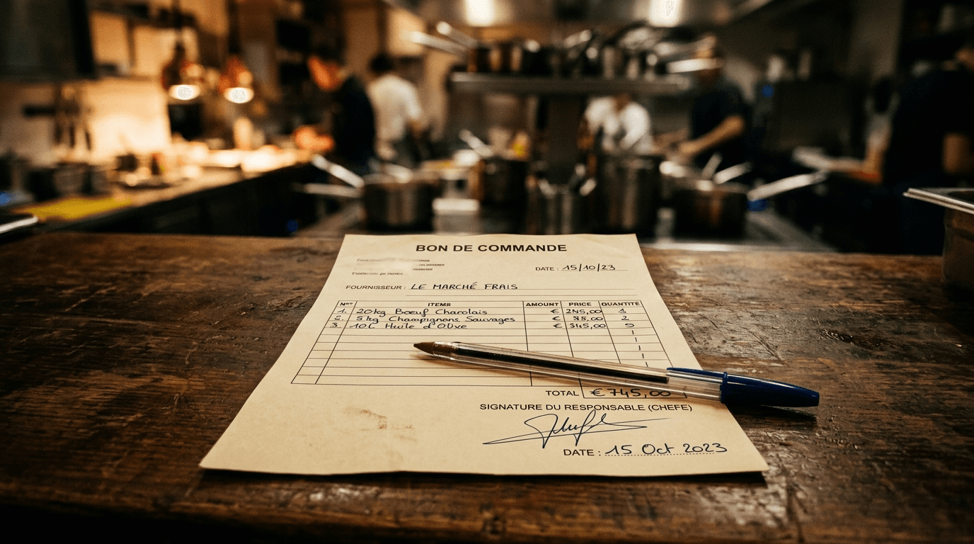 Printed restaurant purchase order, signed and dated on a wooden prep counter