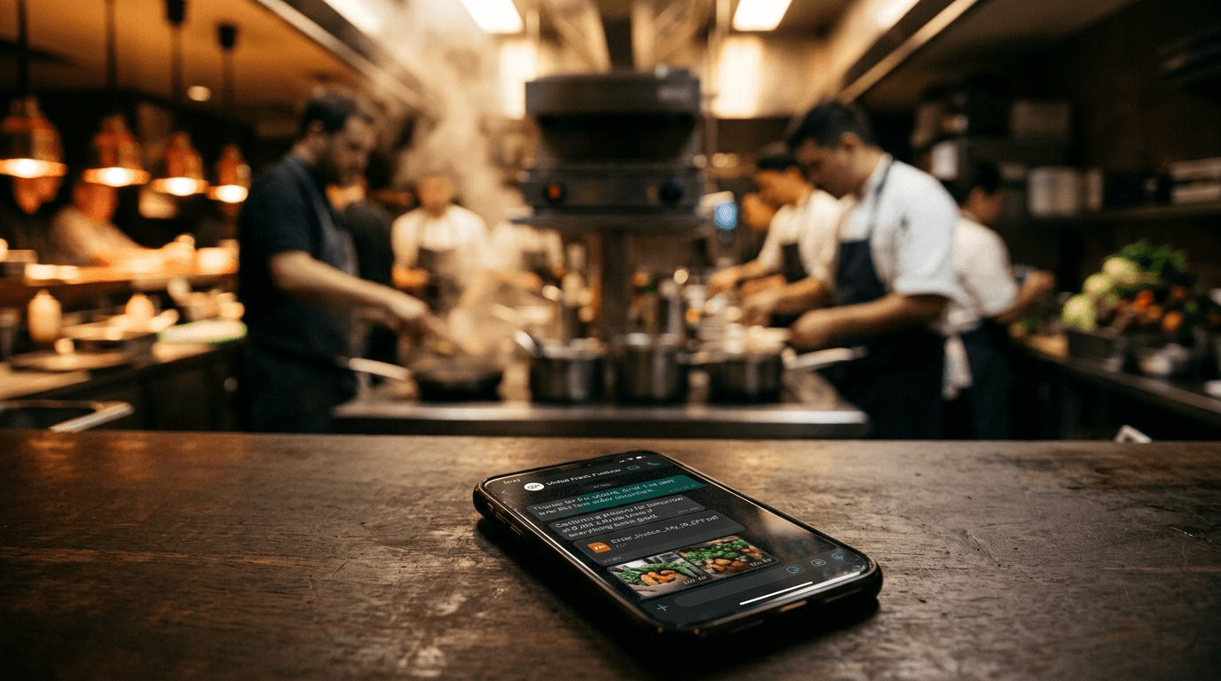 Phone on prep counter showing a WhatsApp Business chat with a PO PDF attached