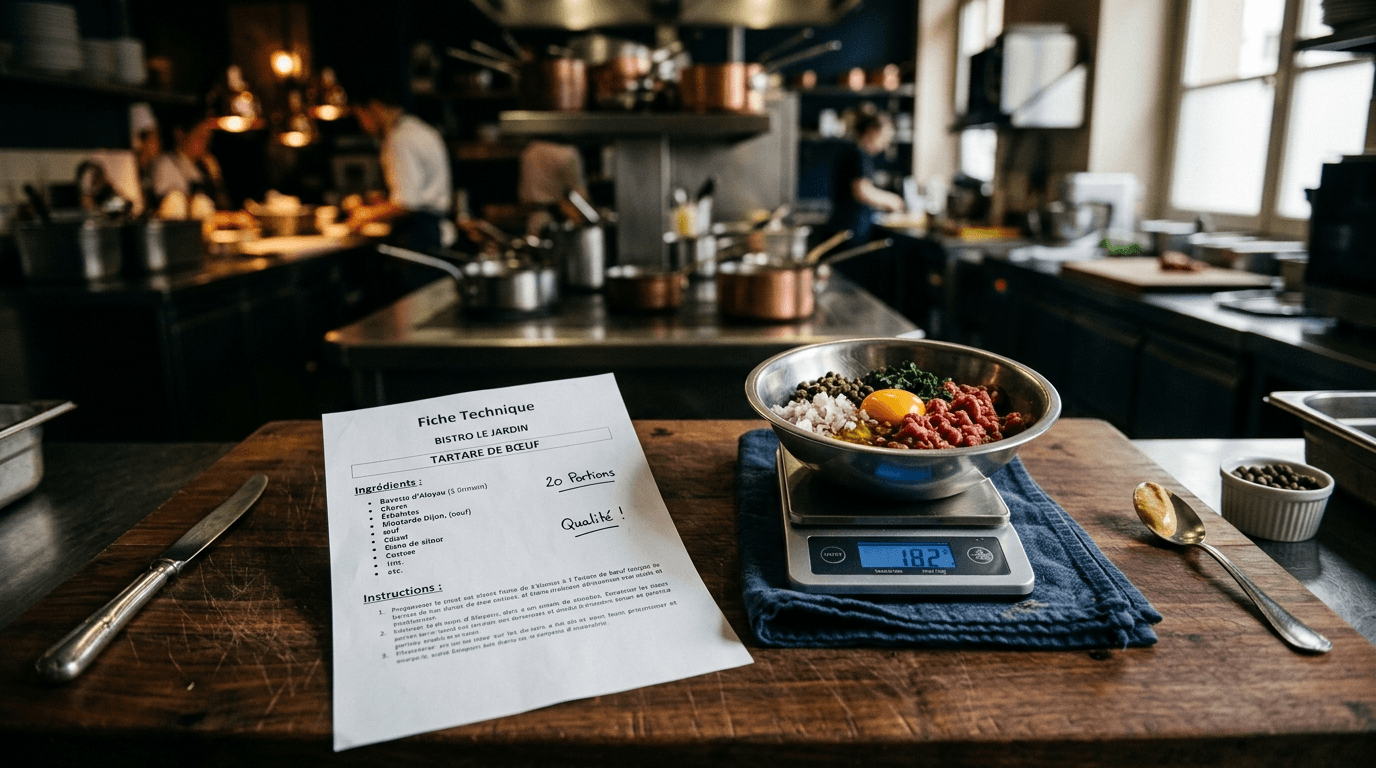 Printed recipe card and digital scale on a wooden work surface in a professional bistro kitchen