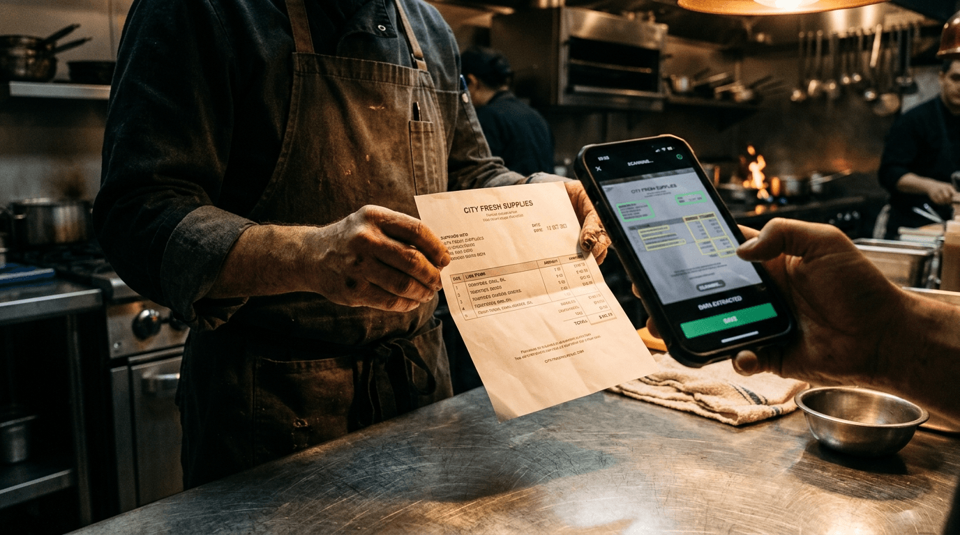 Chef's hands holding a supplier invoice scanned by smartphone with OCR on a stainless steel work surface