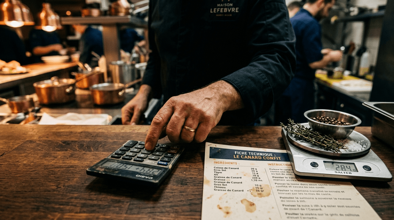 Chef's hand with calculator, recipe card and scale on a wooden bench