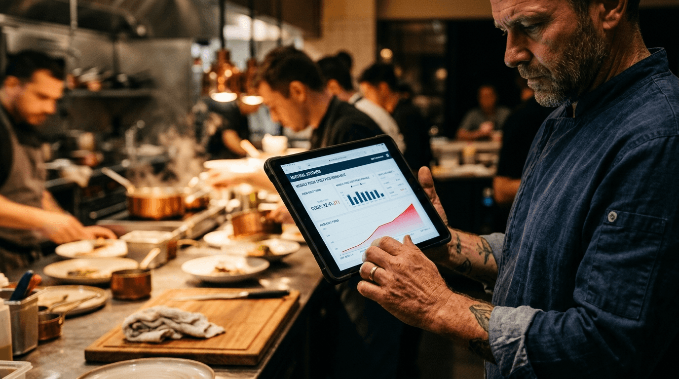 Chef's hand holding a tablet with a drifting food cost chart, blurred kitchen behind