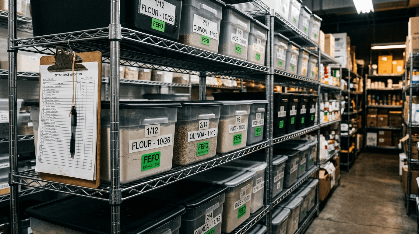 Professional storage shelves with labelled bins and use-by dates, FEFO system visible