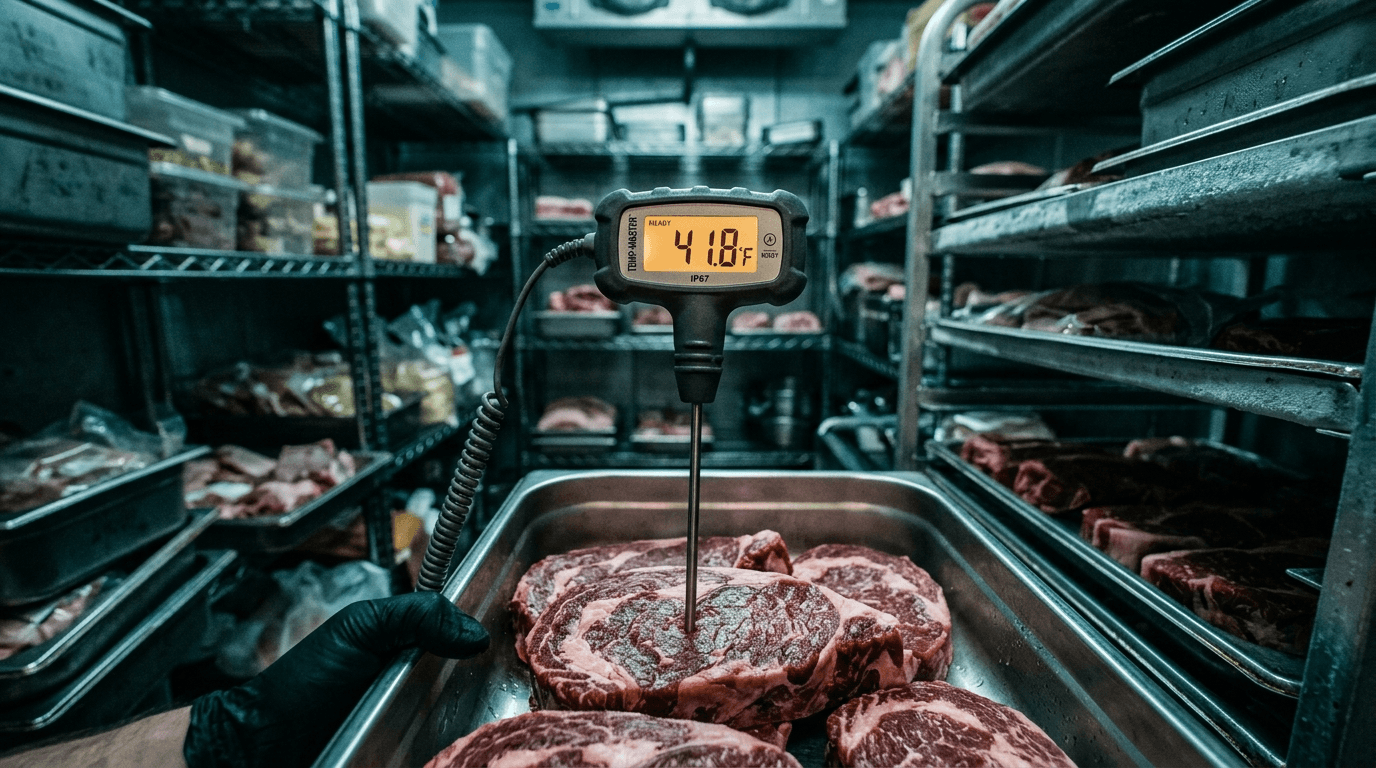 Digital probe thermometer in raw meat in a walk-in, temperature reading visible