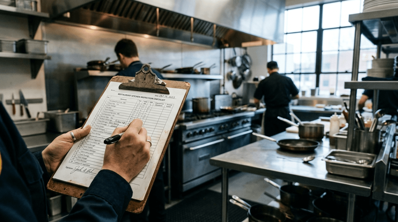 Hand holding inspection clipboard in a professional kitchen with stainless steel in the background