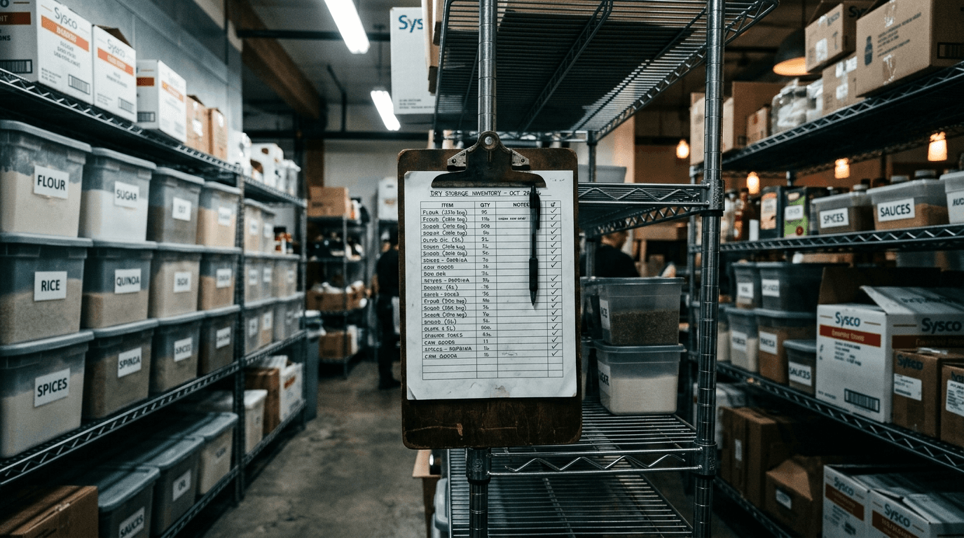 Storage shelves with stocktake clipboard and labelled bins being counted