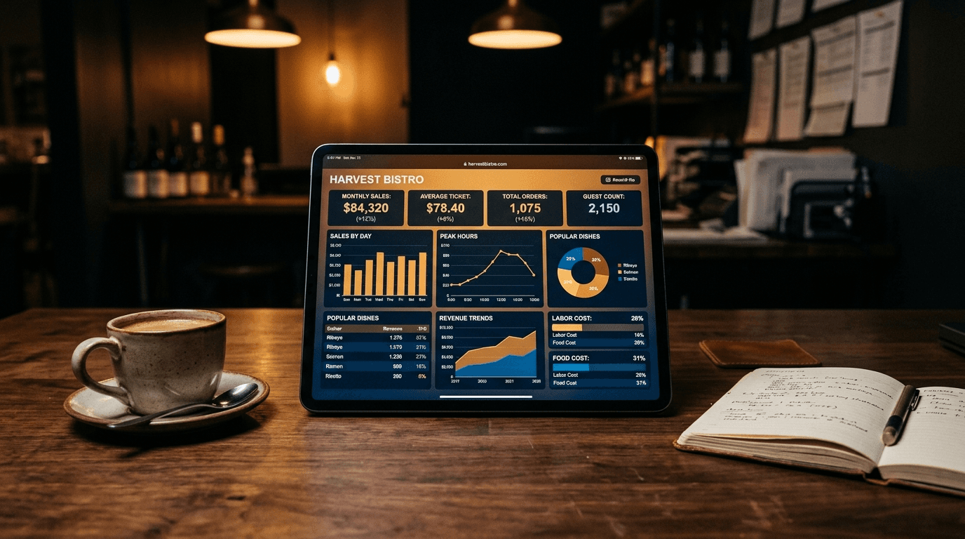 iPad showing a restaurant KPI dashboard with charts and ratios on a wooden desk
