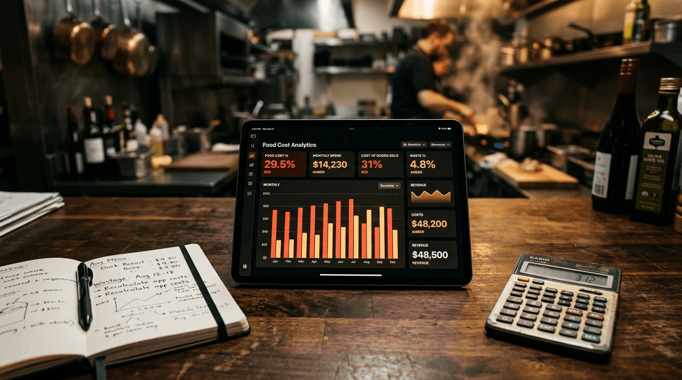 Tablet showing a food cost dashboard, calculator and notebook on a wooden desk