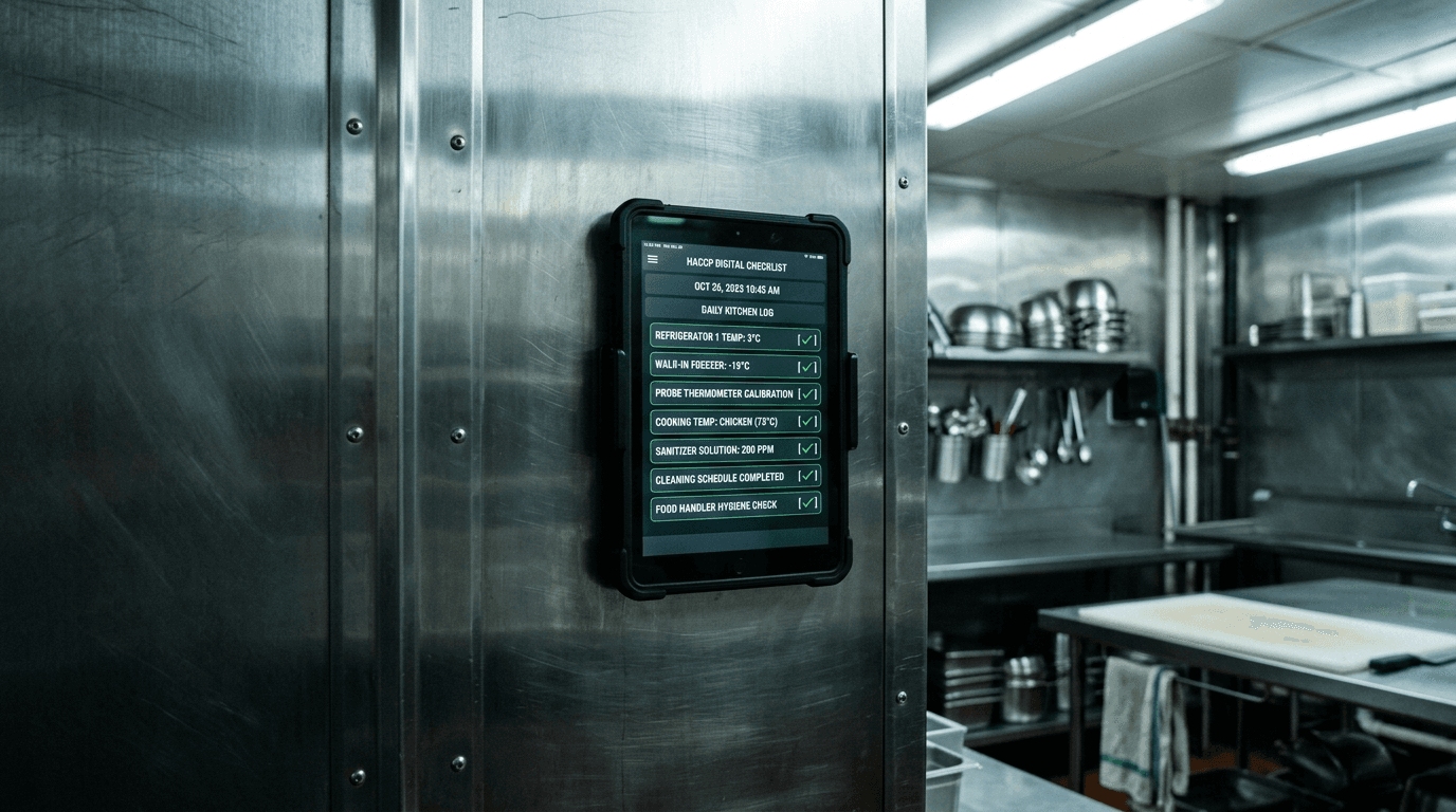 HACCP tablet mounted on a stainless wall with a digital checklist and green ticks
