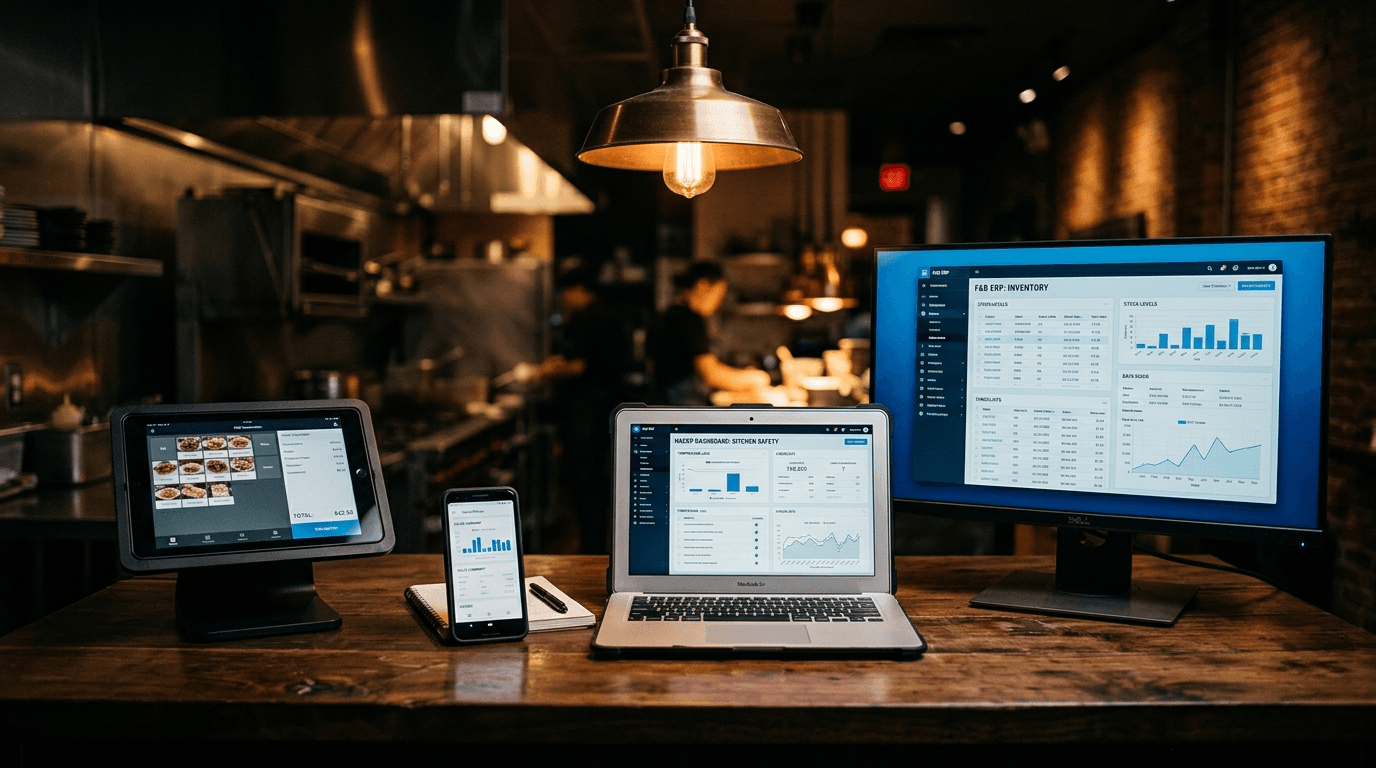 Four devices lined up — POS tablet, back-office smartphone, food safety laptop, ERP screen — on a wooden table