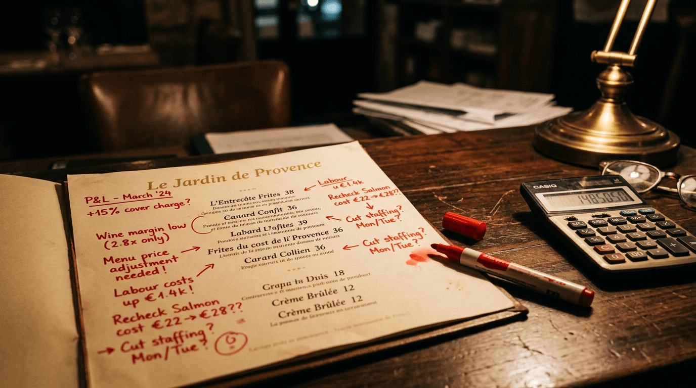 Restaurant menu spread out with red marker, margin notes annotated and a calculator