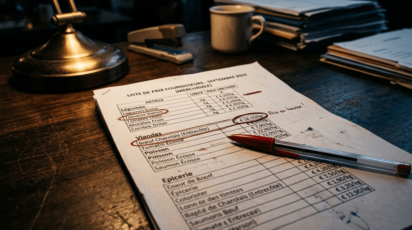 Supplier price list with some prices circled in red, red pen on desk