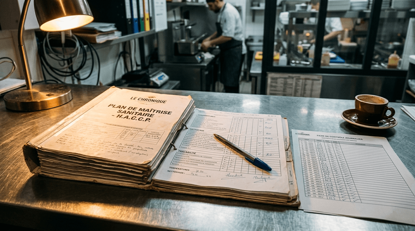 Open FSMS folder with HACCP checklist, pen and coffee mug on a stainless steel desk