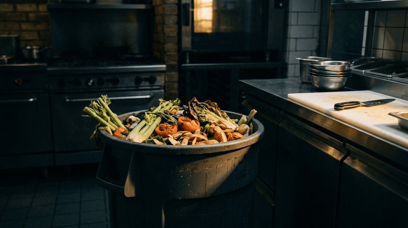 Kitchen bin with wilted vegetables and food waste, dramatic lighting