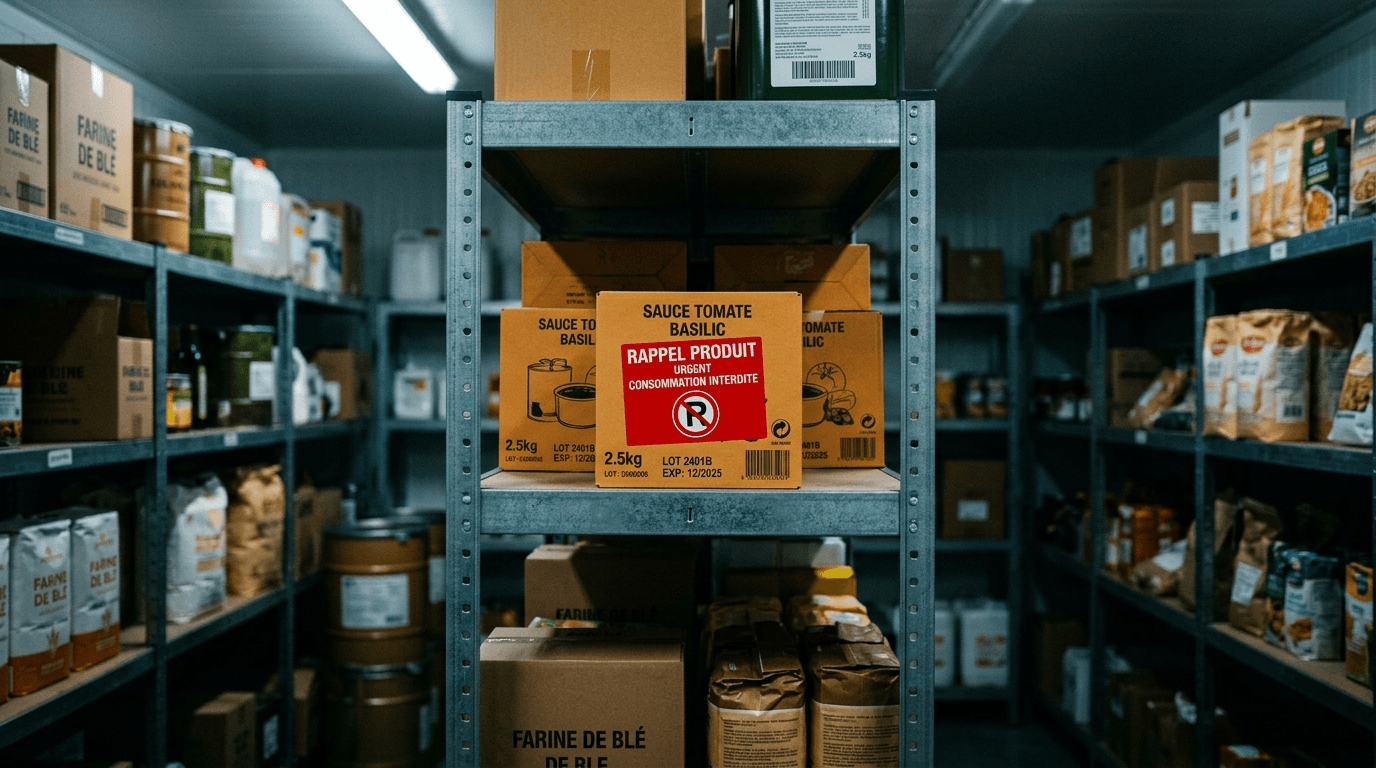 Food product on a stockroom shelf with a red PRODUCT RECALL sticker