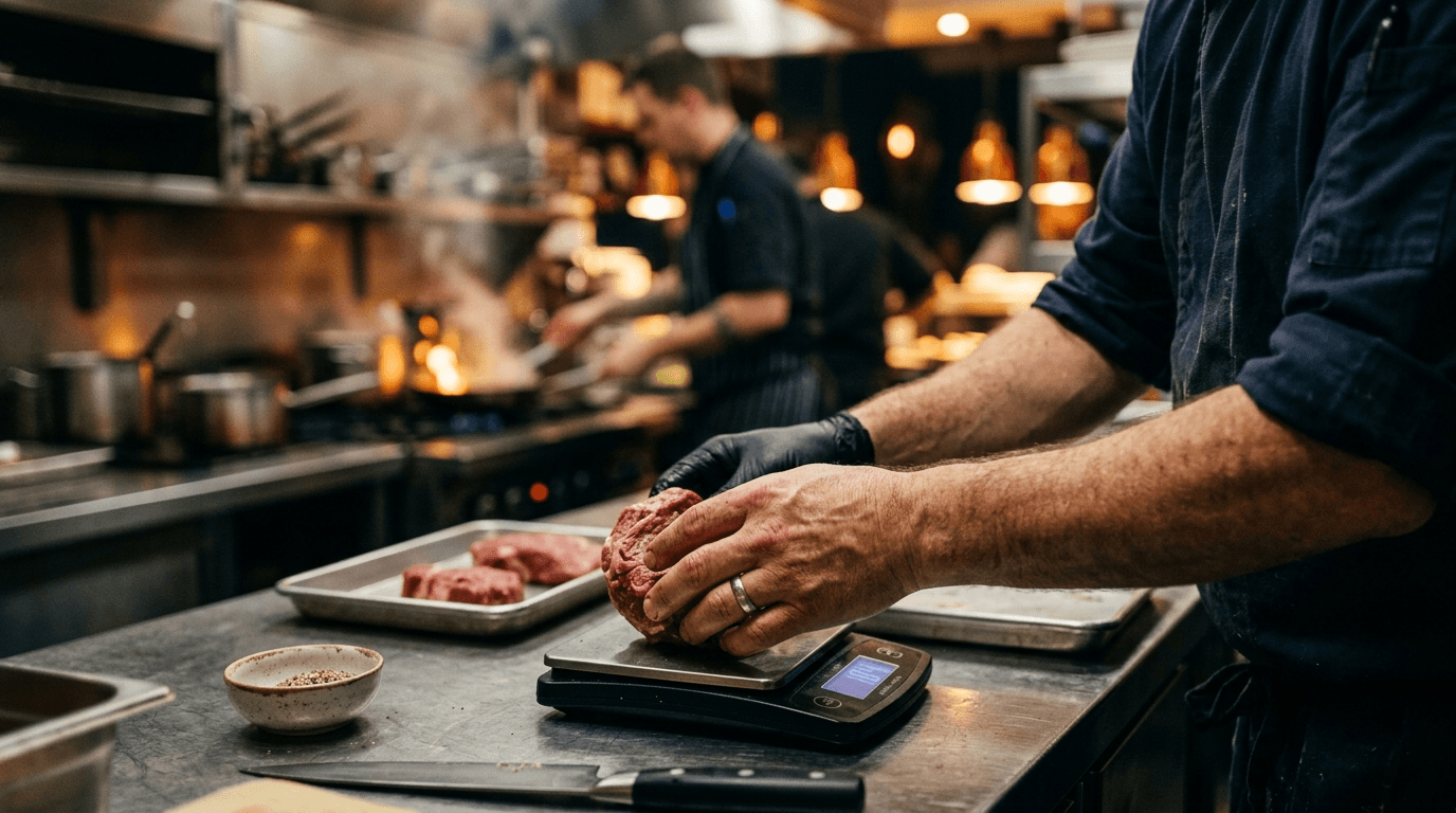 Chef's hands precisely weighing a protein portion on a scale at the pass