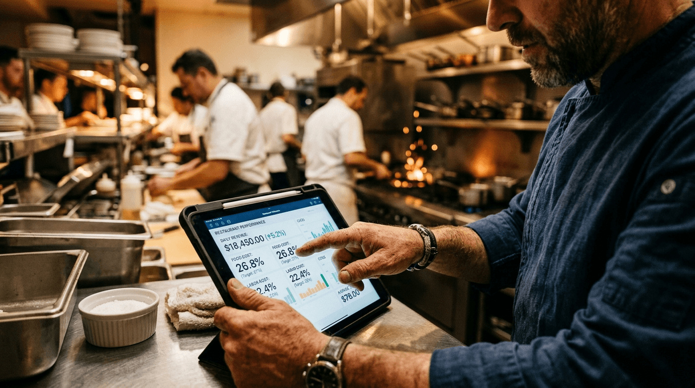 Chef's finger pointing at a KPI dashboard on iPad, kitchen brigade blurred behind