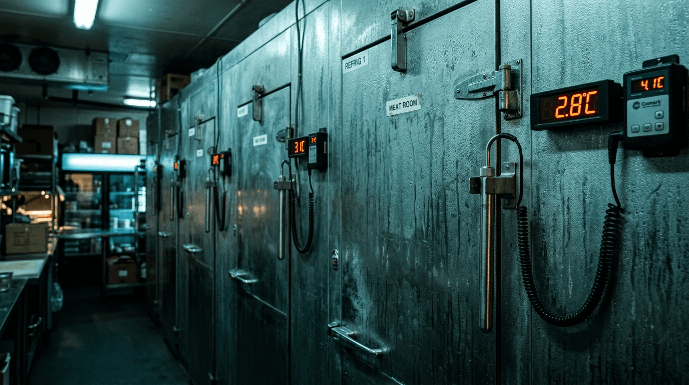 Digital probe thermometers in commercial walk-in fridges, condensation visible on stainless steel